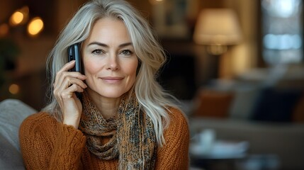 Blonde woman engaged in intercom conversation, phone to ear, cozy living space