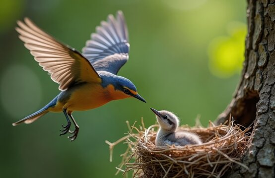 Bird flying towards nest with chick inside. Parent bird hovering near nest. Nature scene shows bird care for offspring. Springtime summer. Wild nature, animal themes. Natural light. Cute little bird.