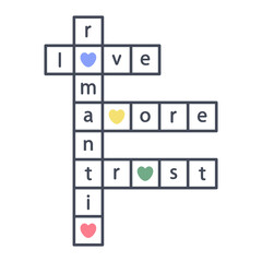 Crossword puzzle. Square Rebus with love lettering. Vertical Word puzzle. Valentines typography with cute cartoon hearts. Puzzle grid set. Word game. Hand drawn romantic illustration. Clipart. Vector