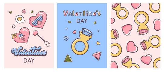 Valentine's day posters. Groovy hippie love. Set of Retro valentine cards. Couple of cute hearts, cupid arrow, wedding ring. Romantic background. Comic characters in 60s 70s cartoon style. Vector