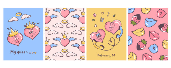 Fototapeta premium Valentine's day card. Groovy hippie love. Set of Retro valentine posters. Couple of cute hearts, romantic background. Comic characters in trendy 60s 70s cartoon style.Vector illustration