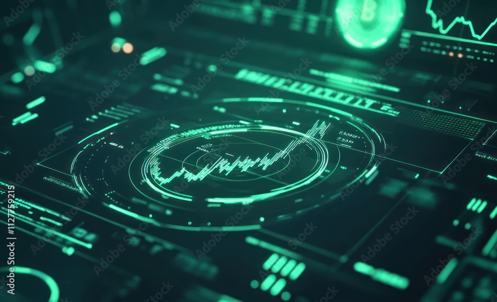 Poster Futuristic green digital dashboard displaying stock market data and graphs.