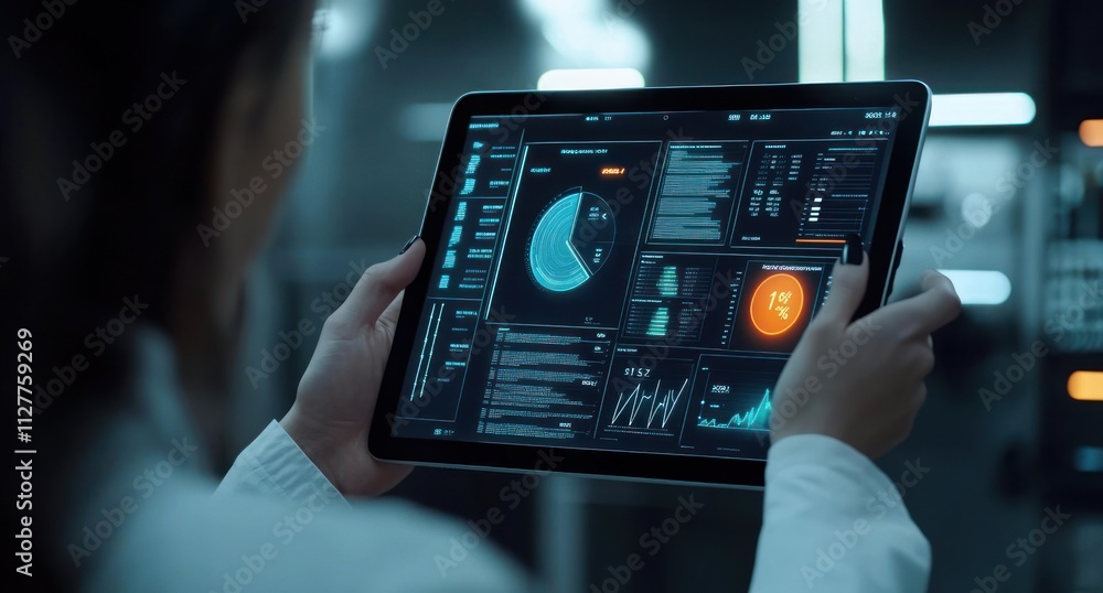 Poster scientist reviewing data on tablet.