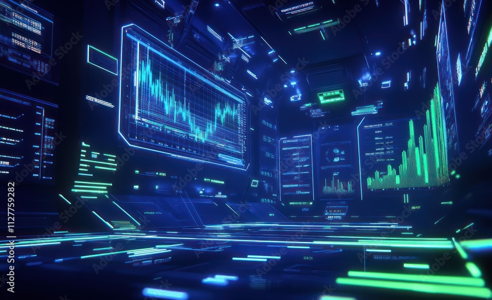 Poster Futuristic digital room with glowing data displays and graphs.