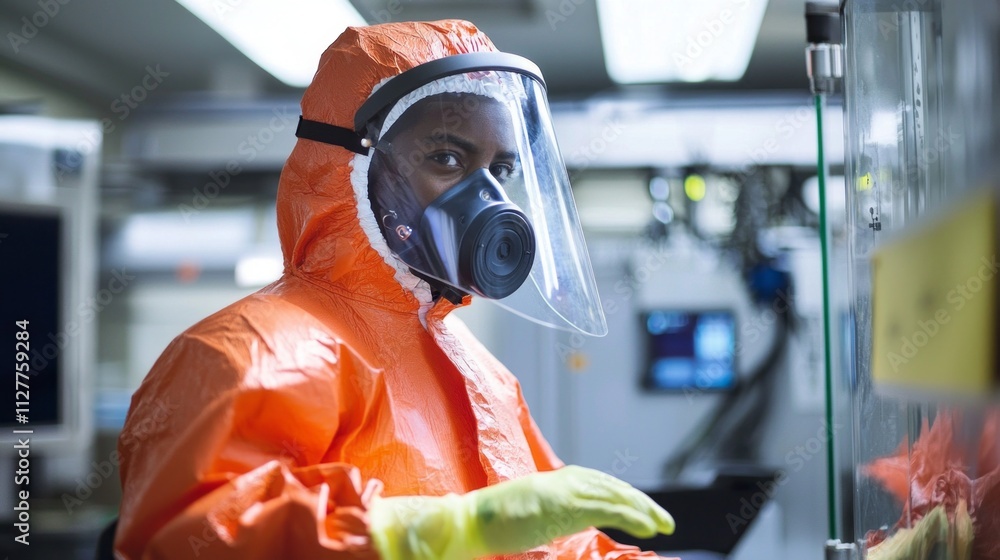 Aufkleber dressed in full hazmat gear, a scientist interacts with sensitive materials in a controlled laborato