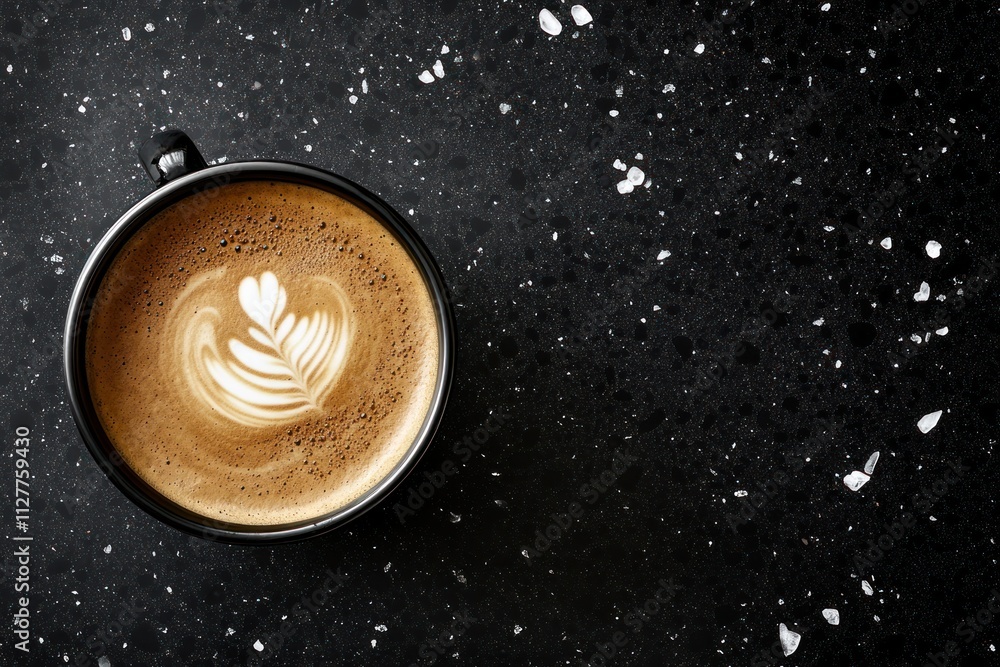 Poster top view of latte art in black cup on dark surface.