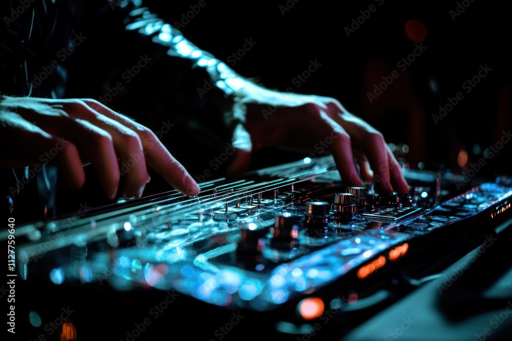 Poster close-up of hands playing a synthesizer with colorful lights.