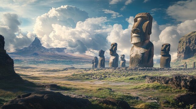 Stone statues, grassy plain, volcanic landscape.