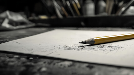 Fototapeta premium A pencil is on a piece of paper with a drawing on it