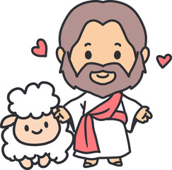 Cheerful Jesus Christ with Sheep for Sunday School. Perfect for Sunday school materials, religious educational content, or Christian-themed decorations, children book, event invitations.