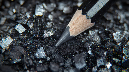 Fototapeta premium A pencil is on top of a pile of black rocks