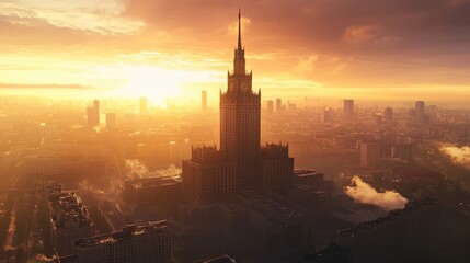 Fototapeta premium Sunrise over city, tall skyscraper, golden light.