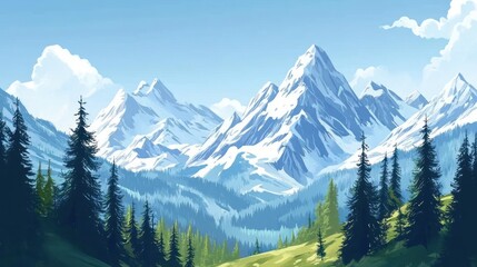 Obraz premium Mountain range with snow-capped peaks and pine forest, high altitude, crisp mountain air 