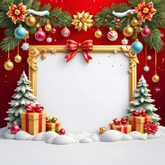 Merry Christmas greetings Happy New Year wishes and Xmas elegant Christmas card, banner, floral frames, gift boxes, Santa Claus, Christmas decor and blank card on a white background. Space for text.