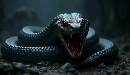 A menacing black snake with piercing red eyes is coiled on a rocky surface, its mouth wide open in a hiss. The snake's scales are dark and glossy, and its fangs are prominently displayed.