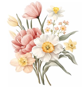 recommend clip art: A watercolor illustration of an arrangement with peonies, tulips, and daffodils in pastel colors on a white background, a spring floral bouquet