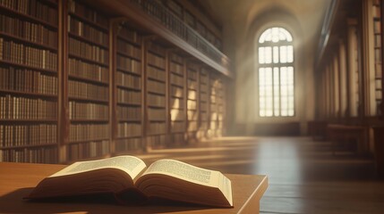 An open book resting on a wooden table in a sunlit library with tall bookshelves.