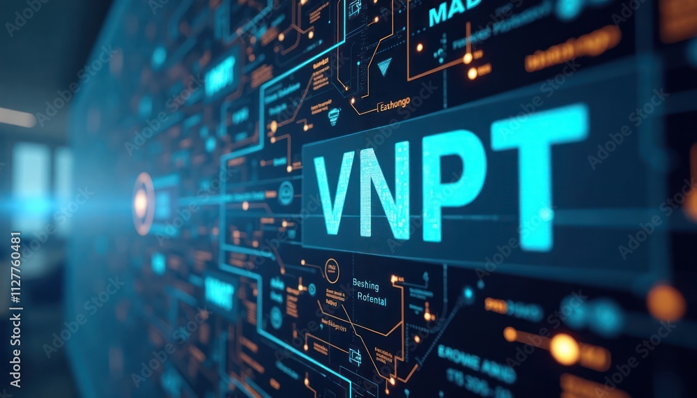 Fototapete Virtual network world displayed on digital screen. VNPT IP address highlighted. Tech data stream flowing. Network connections visualized. Data visualization abstract background.