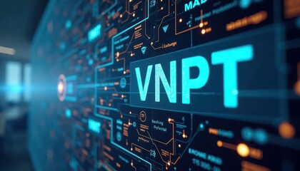 Virtual network world displayed on digital screen. VNPT IP address highlighted. Tech data stream flowing. Network connections visualized. Data visualization abstract background.
