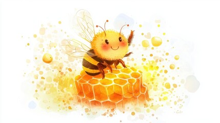 A cheerful, cute cartoon bee sitting on honeycomb, surrounded by honey droplets, embodying sweetness and nature's beauty.