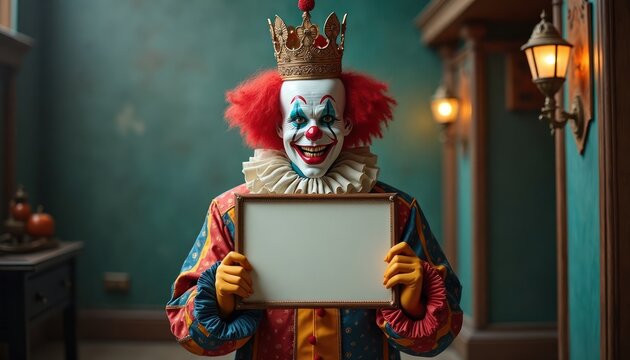 Vintage clown in royal costume holds blank invitation. Eerie expression. Halloween theme. Colorful costume. Blank space for design. Spooky, mysterious. Props for party event invitations. Suitable for