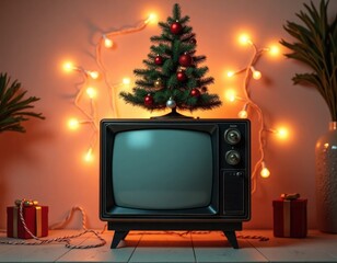 Retro tv with small christmas tree on top. Christmas lights, gift box in background. Cozy festive...