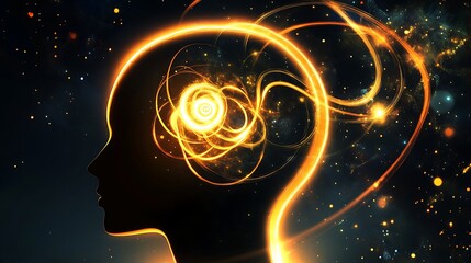 Glowing human head silhouette with swirling cosmic energy inside, representing intelligence, consciousness, and the universe.