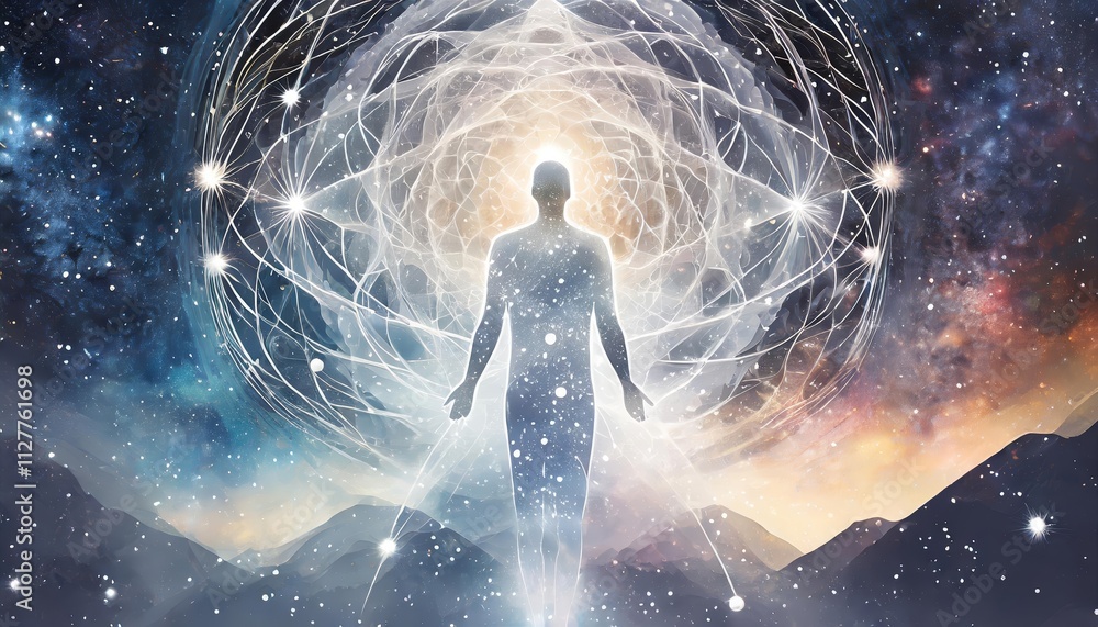 Poster astral body silhouette against an abstract space background: a visual representation of esoteric con