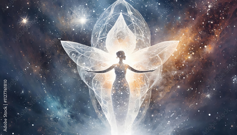 Poster astral body silhouette in an abstract space background: a visual representation of esoteric concepts