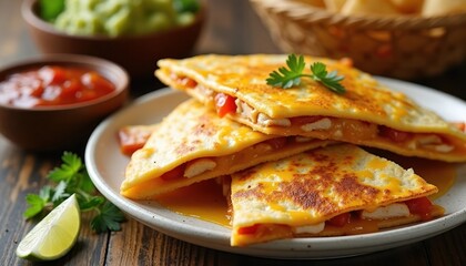 Delicious grilled chicken quesadilla with melted cheese, side of salsa, guacamole served on plate. Grilled ingredients create golden crust. Lime wedge, fresh herbs complete dish. Vibrant, flavorful