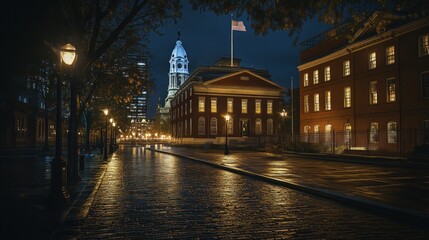 Fototapeta premium Nighttime city street, historic buildings, rain-slicked cobblestones.
