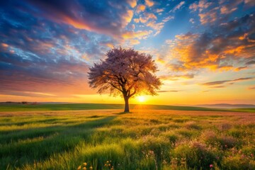 Fototapeta premium Minimalist Spring Sunset Field Photography: Golden Hour Meadow Landscape