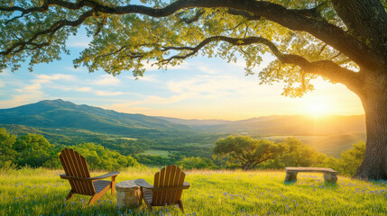 Serene Sunset Vista: Two Adirondack chairs nestled beneath a majestic oak tree, offering a breathtaking view of rolling hills bathed in the golden glow of a setting sun.