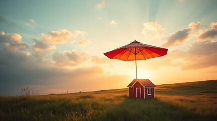Concept of home insurance and protection with a large red umbrella covering a small house, symbolizing security and risk management in a minimalist and moody landscape