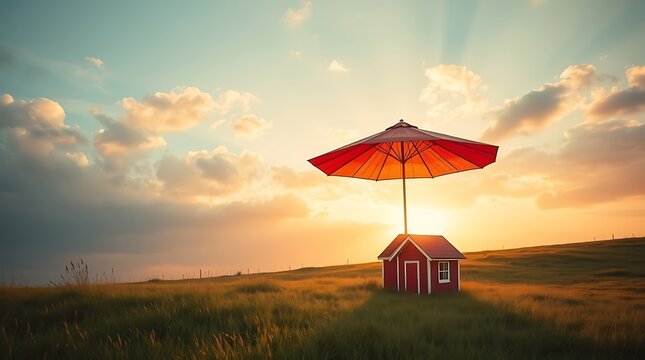 Concept of home insurance and protection with a large red umbrella covering a small house, symbolizing security and risk management in a minimalist and moody landscape