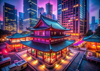 Naklejka premium Futuristic Japanese Tea House in Neon Colors Amidst a Vibrant Sci-Fi City, Showcasing a Harmonious Blend of Tradition and Futurism for Stock Photography