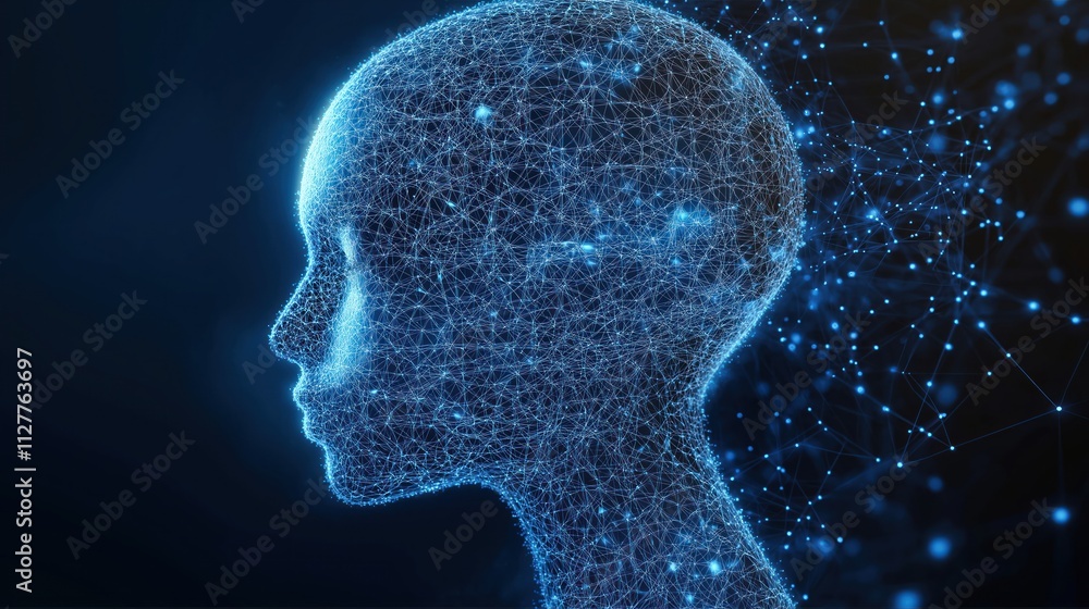 Aufkleber Digital representation of AI concept. Futuristic human profile. Lines, glowing nodes form head. Dark background. AI system visualized with tech connections, virtual structure. Abstract art style.