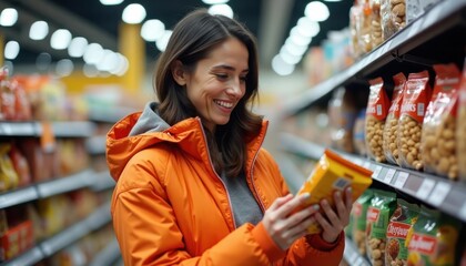 Woman in orange jacket examines snack package in grocery store aisle. Variety of snacks displayed on shelves. Everyday shopping scene. Choice of healthy snacks. Customer considering different