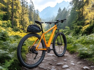 Fototapeta premium Orange Mountain Bike on Forest Trail Scenic View