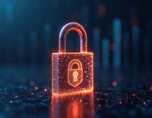 Digital glowing padlock cybersecurity, data protection. Secure tech solution for digital assets. Modern tech design. Data security concept. Glowing lock protects information. Secure digital