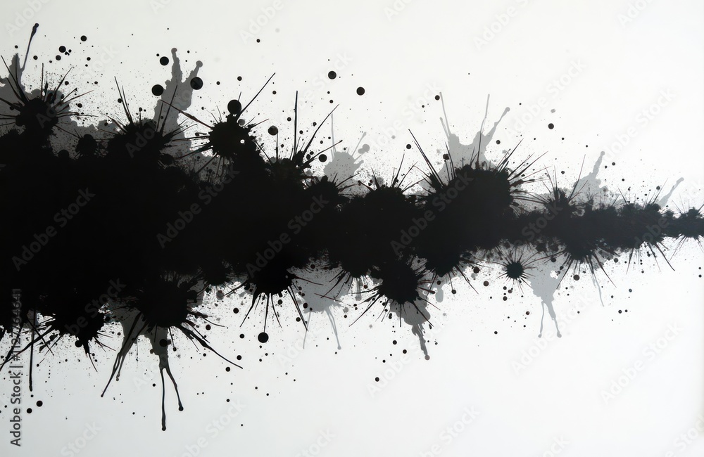 Poster abstract ink splatter art. black ink splashes on white canvas creating calligraphic strokes. splashe