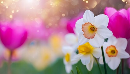 Beautiful Banner Daffodil in White and Yellow Blooming on a Serene Spring Meadow Bathed in Warm Light - A Perfect Representation of Natures Vibrant Colors and Tranquil Beauty
