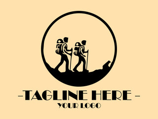 Two hikers hike through mountains at sunset, with backpacks. Adventure, travel, nature, exploration, hiking, outdoors, vacation, and backpacking themes