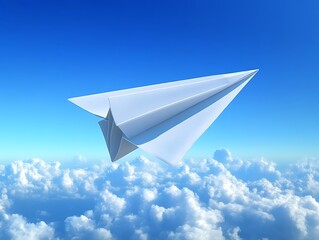 Paper Airplane Soaring Above Fluffy White Clouds