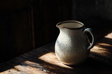Rustic Ceramic Jug with Natural Light and Shadow Play on Wood