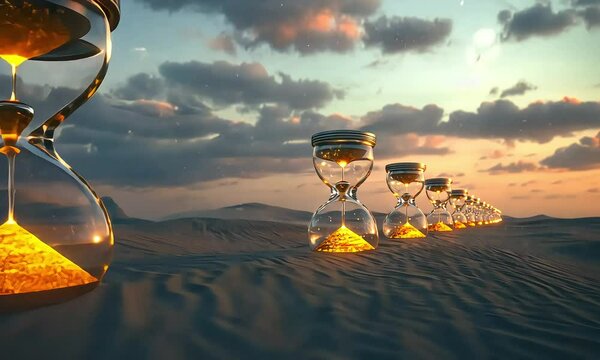 Surreal Landscape with Multiple Hourglasses Reflecting Sunset and Sands of Time in a Desert Setting, Evoking Themes of Time, Transition, and Reflection in Nature with ai generated.