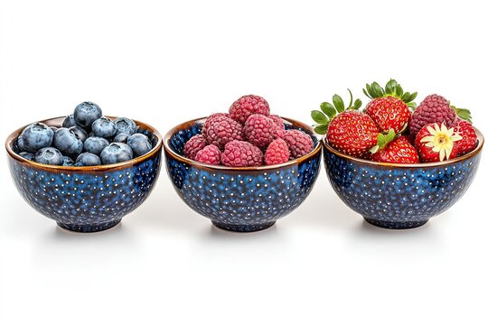 Fresh summer berries in the bowls. Blueberries, strawberries, raspberries shoot from the top isolated on white background