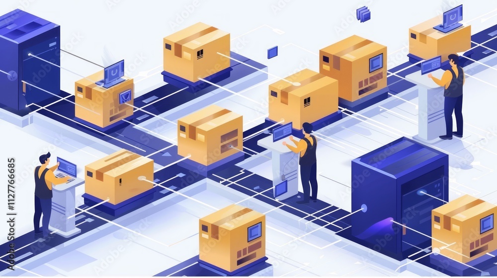 Poster isometric illustration of automated warehouse with workers managing packages on conveyor belts and u