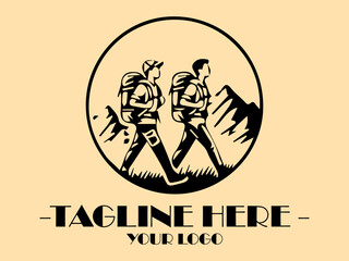 Two hikers hike through mountains at sunset, with backpacks. Adventure, travel, nature, exploration, hiking, outdoors, vacation, and backpacking themes