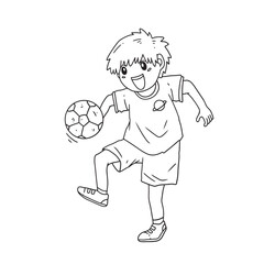 Line art illustration of a boy playing ball happily. Used for coloring book, coloring page, etc